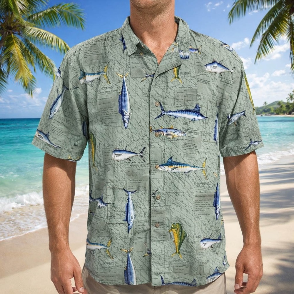 Bimini Bay Outfitters Hawaiian Aloha Shirt XL Gamefish Marlin Wahoo Nautical